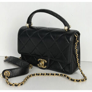Chanel Pearl Mini Top Handle Flap Bag in Black Quilted Lambskin Leather NFC D8